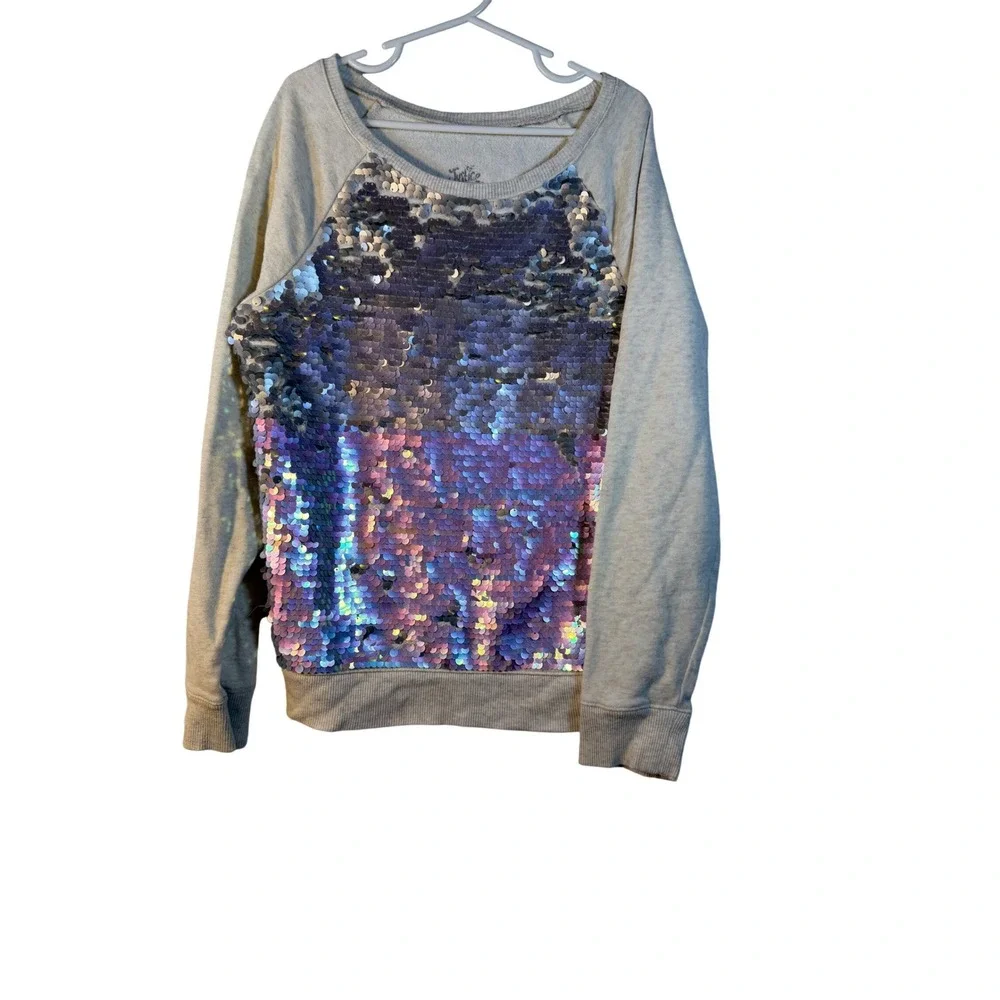 Justice‎ Girls Size 10 Sequin Sweatshirt Iridescent Silver Pink Heather Gray
